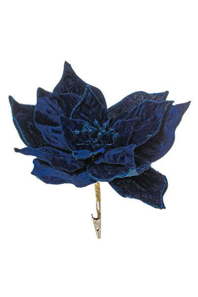 OEM Floare decorativă de Crăciun din catifea albastră cu sclipici și cleme 24cm