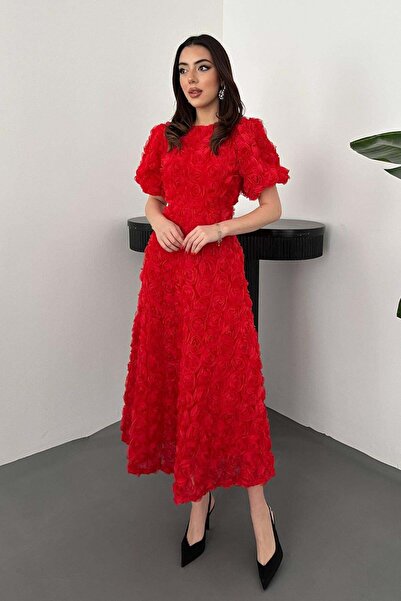 Caddebostan Moda Rose Patterned Balloon Sleeve Midi Dress Stylish Evening Dre...