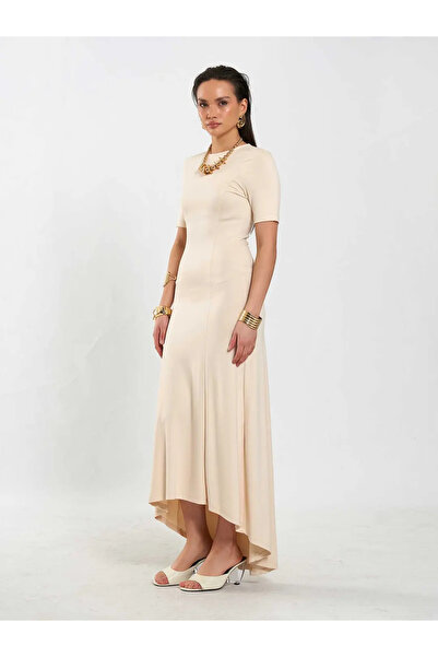 Caddebostan Moda Women's Crew Neck Short Sleeve Basic Long Dress 111693