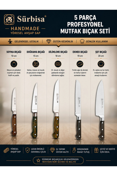 Sürbisa Handmade Yöresel Ahşap Sap Günlük Mutfak Bıçak Seti 5 Parça | Soyma, ...