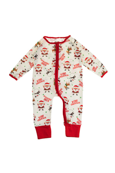 Zumzeria Ecru Red Christmas Romper with Santa Claus and Snowman Figurines for...