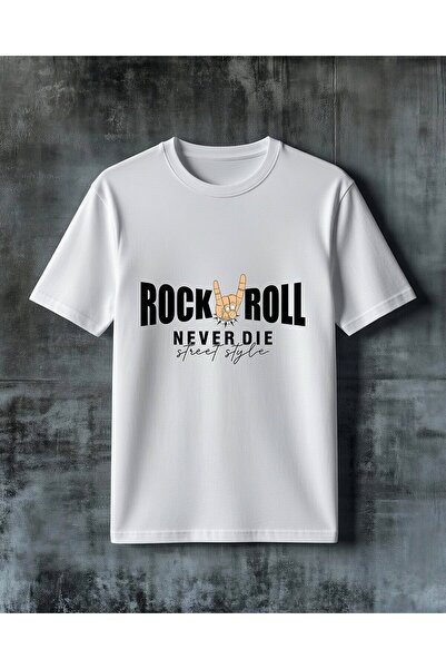 COMVİCHO تي شيرت مطبوع عليه عبارة "rock roll never die" مقاس كبير
