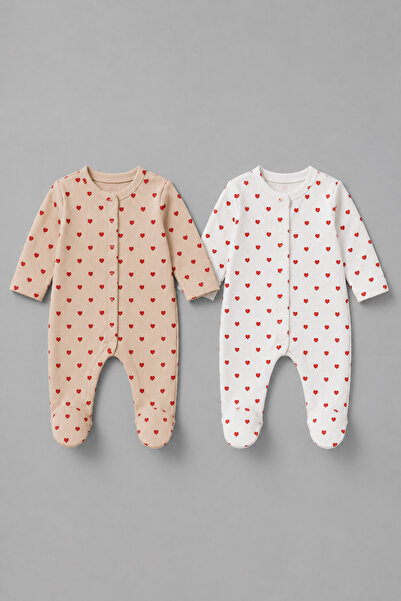 My Babies Label Kız Bebek 2’li Kalp Desenli Pamuklu Kumaş Tulum