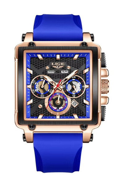 Lige Men's Watch 2025 Square Chronograph Blue – Rectangular Dial, Day/Date, S...