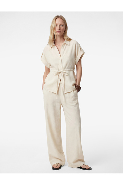 Koton Linen Blend Textured Wide-Leg Trousers with Pockets