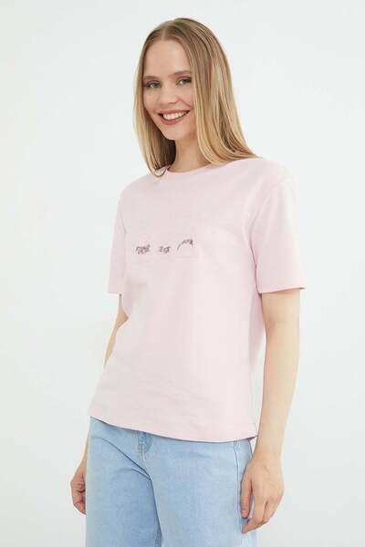 Fulla Moda Sequin Teddy Bear Embroidered Crew Neck T-Shirt