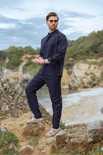 Madmext Navy Blue Relaxed Fit Linen Men's Shirt and Trousers Set E7362