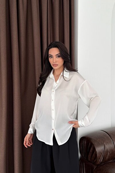 Serica Moda Ecru Gold Button Detailed Pinstripe Satin Shirt