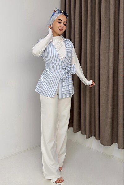 Raneel Kazançlı Alışveriş Women's shirt collar waist tie sleeveless blouse blue