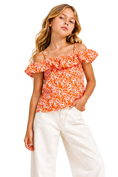 Divonette Girls' Summer Sling Top - Rope Strap Floral Pattern Ruffle Orange B...