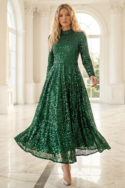 SUBU TASARIM Pleated Sequin Payet Tesettür Evening Dress Tbsahn244