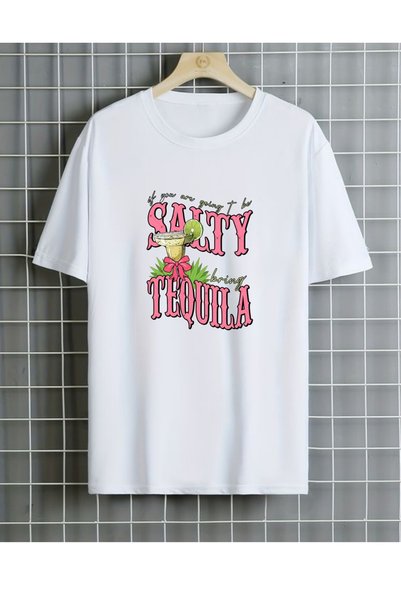 Krays تي شيرت أبيض كبير الحجم مطبوع عليه Salty Bring Tequila للجنسين - تي شيرت قطني صيفي بتصميم كوكتيل مارغريتا