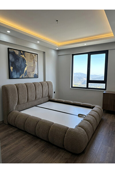 Mobilya Stant Most Piatto Premium Bazalı Karyola Kahverengi Bukle Kumaş 180x2...