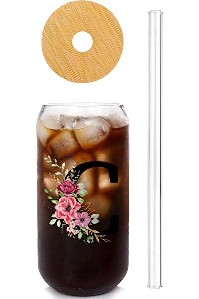 Generic Glass cup with lids and straws with UV letter design on both sides, g...