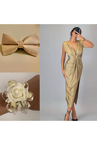 MONNET MODA Elastic Satin Dress Set with Bracelet and Gold Bow Tie