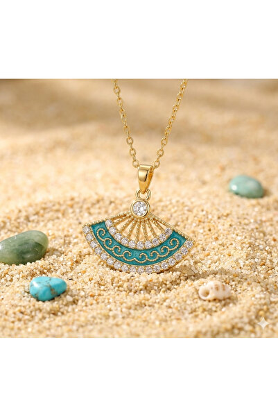 Rose and Light Turquoise Stone Fan Steel Necklace