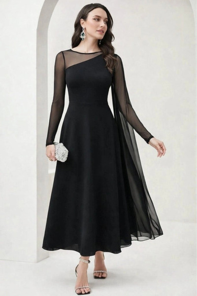Savira Women's Long Sleeve Semi-Turtleneck Tulle Detailed Long Sandy Dress