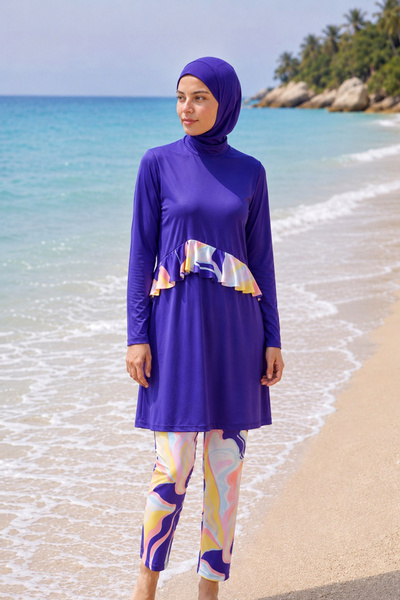 Marina Floral Purple Young Girls Waitress Full Covered Hijab Swimsuit G2321