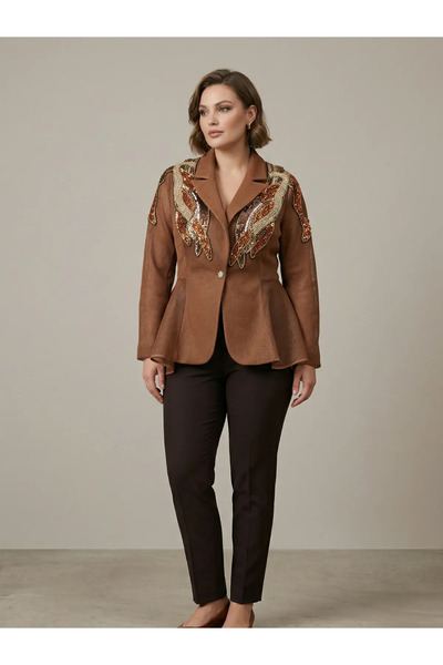 CRYSTALİA Kanat Motifli Payet İşlemeli Peplum Blazer Ceket