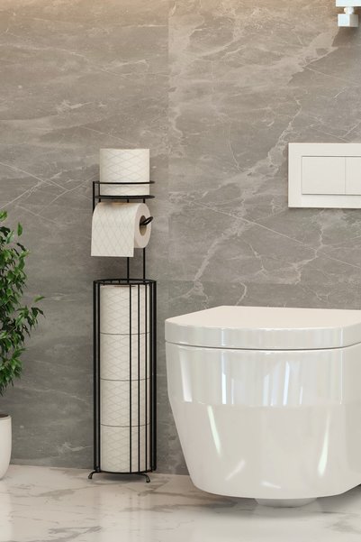 zabata Redundant Toilet Paper Organizer with Stand and Hanger, Black Metal Basket, Wc Stand and Hanger