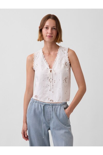GAP Kadın Beyaz Keten Karışımlı İşlemeli Crop Shell Askılı Bluz