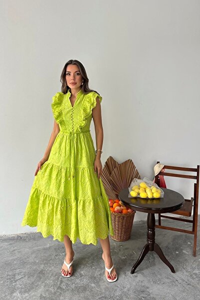 ozelia Oil Green Ruffled Buttoned Dress