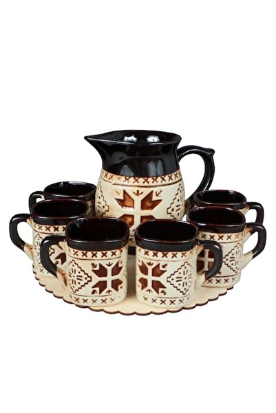 LimArt Ceramic Serving Set with Archaic Motif, 1.1 Liter Carafe, 6 Cups of 20...