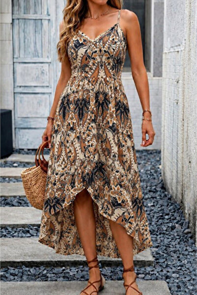 Kokosh moda Kadın V Yaka Önü Asimetrik Kesim Detaylı Askılı Midi Boy Süprem E...