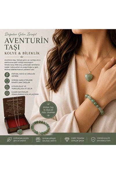 CEVŞEN HANEM Aventurin Taşı Kolye & Bileklik Seti - Doğal Taş Kolye ve Bilekl...