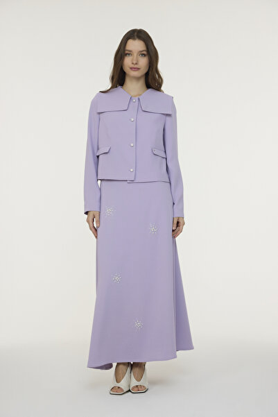 Zühre Stone Embellished Elegant Lilac Suit with Short Jacket 1523