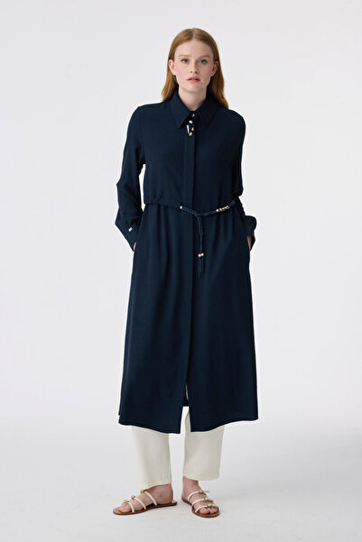 Zühre Collared Belted Button Detailed Navy Blue Giy Çık 0353