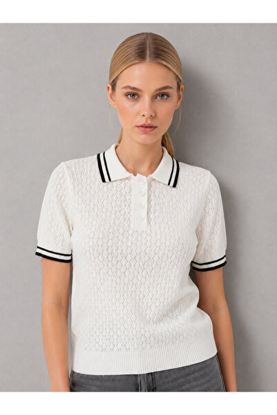 Arbucky Women's Buttoned Polo Collar Openwork Basic Knitwear Blouse