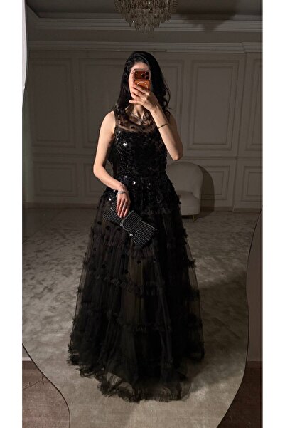SKY dresses فستان اسود ترتر سهره تل مبطن زيتوني دبل كلوش