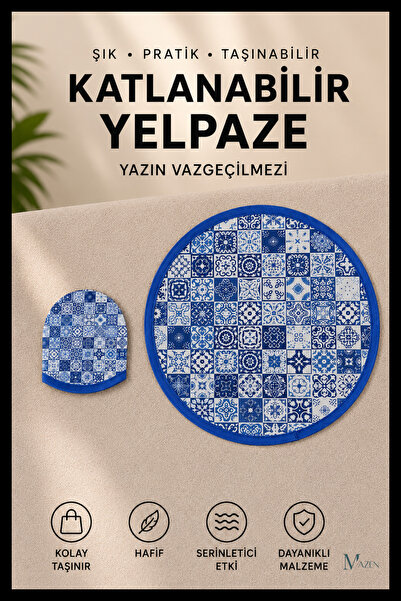 MAZEN Çini Desenli Katlanabilir Yuvarlak Yazlık Taşınabilir El Yelpazesi