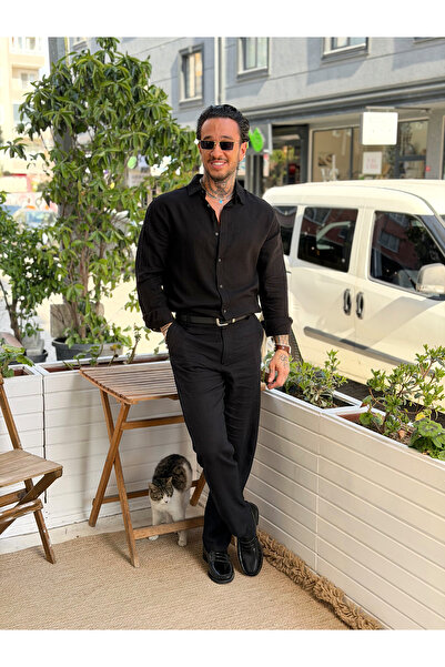manch collection Regular Fit Linen Shirt and Trousers Set Black