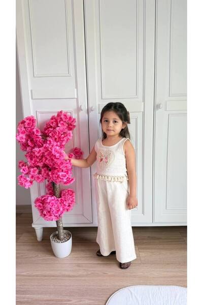 Huzeyfe Kids Kız Çocuk Keten Pantolonlu Takım