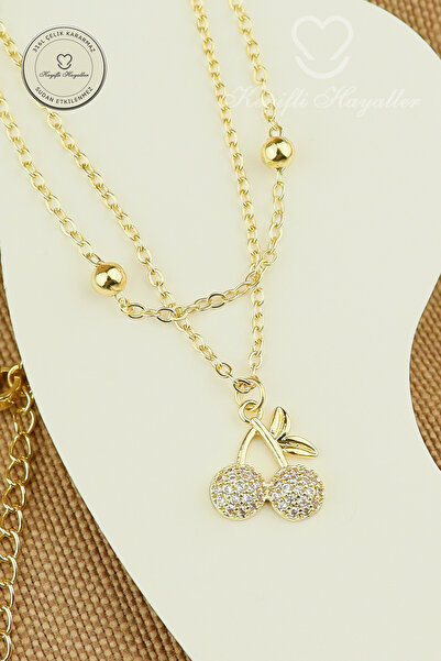 Keyifli Hayaller 316L Çelik Halhal - 14K Taşlı Kiraz Dorika Birleşik Zincir Çelik Halhal 22+4cm