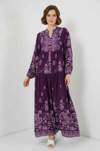 buğrahayalin Women's High Collar Gathered Waist Authentic Patterned Viscose P...