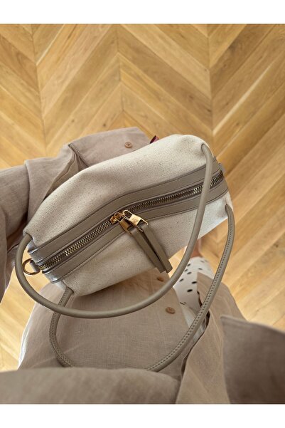 Tina İstanbul Linen Mini Hand and Shoulder Bag with Leather Strap Mink