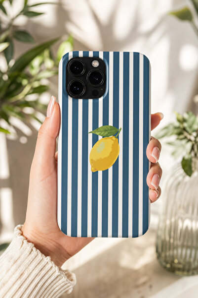 KILIFOLOG iPhone 15 Pro Max Uyumlu Lansman Silikon Mavi Çizgili Limon Desenli...
