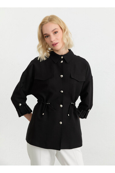 Selen Siyah Kadın Standart Fit Çizgili Ceket 26YSL1604