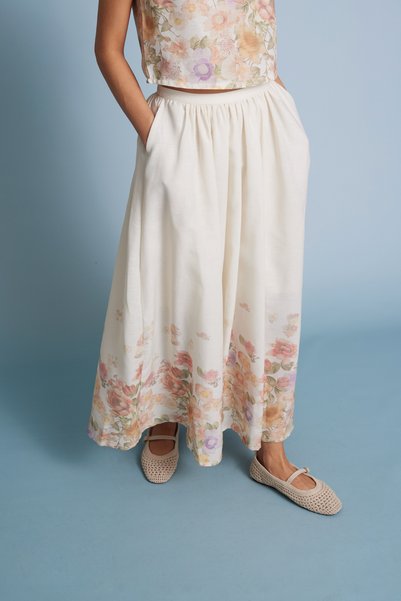 Nisan Flowered Long Skirt Beige