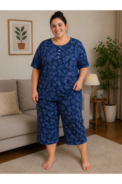 BALİS PİJAMA Women's Plus Size Floral Patterned Spotted Pajama Set Short Slee...