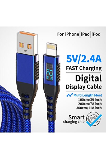 Choice5 1m Blue USB-A to Lightning Fast Charging Cable with Digital Display S...
