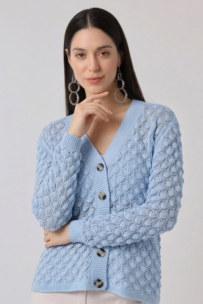 Devinka Women's Blue Openwork Buttoned Seasonal Knitwear Cardigan