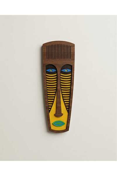 El Yapımı Uzun Soyut Yüz Maske MDF - Yeşil Gözlü Sarı Ahşap Duvar Dekoru, Tribal Modern Sanat Paneli