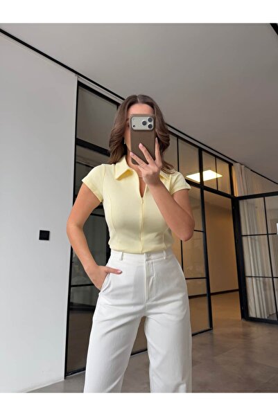 BB Bensu Buyruk Tricou cu guler polo și fermoar, galben