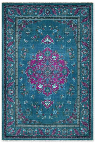 Pastel Home Petrol Blue Retro Vintage Chenille Carpet Rug Floor Mat Non-Slip ...
