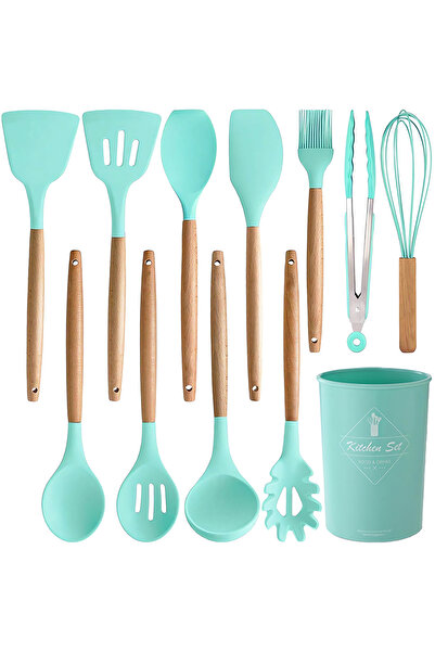 Velaris 12-Piece Silicone Kitchen Utensil Set with Turquoise Wooden Handles -...