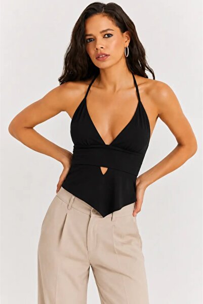 Cool & Sexy Black Strappy Blouse with Back Tie Detail